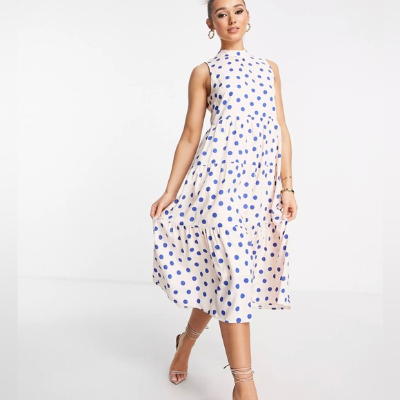 Y.A.S high neck tiered midi dress in pink & blue dot - Picture 2 of 12